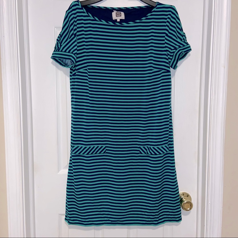 EUC Laundry be Design dress green and navy stripe size L